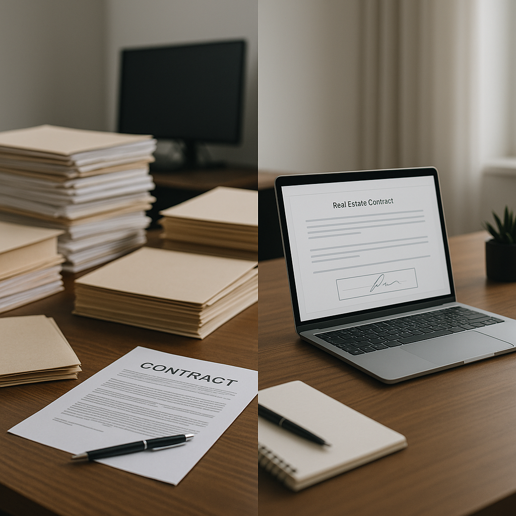 Side-by-side image of paper-cluttered real estate desk vs clean laptop e-signature workspace showing streamlined document wor