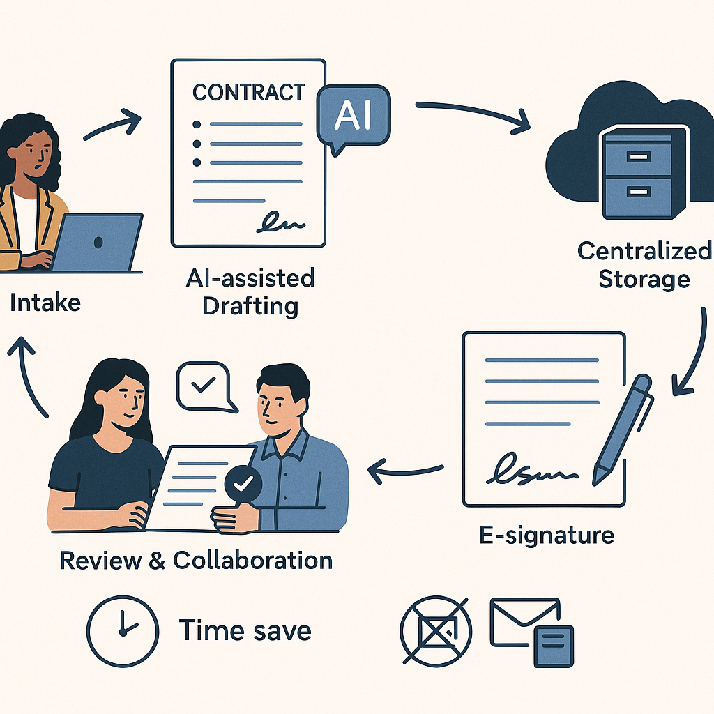 Illustrated contract lifecycle workflow for small business, from AI-assisted intake and drafting to review, e-signature, and 