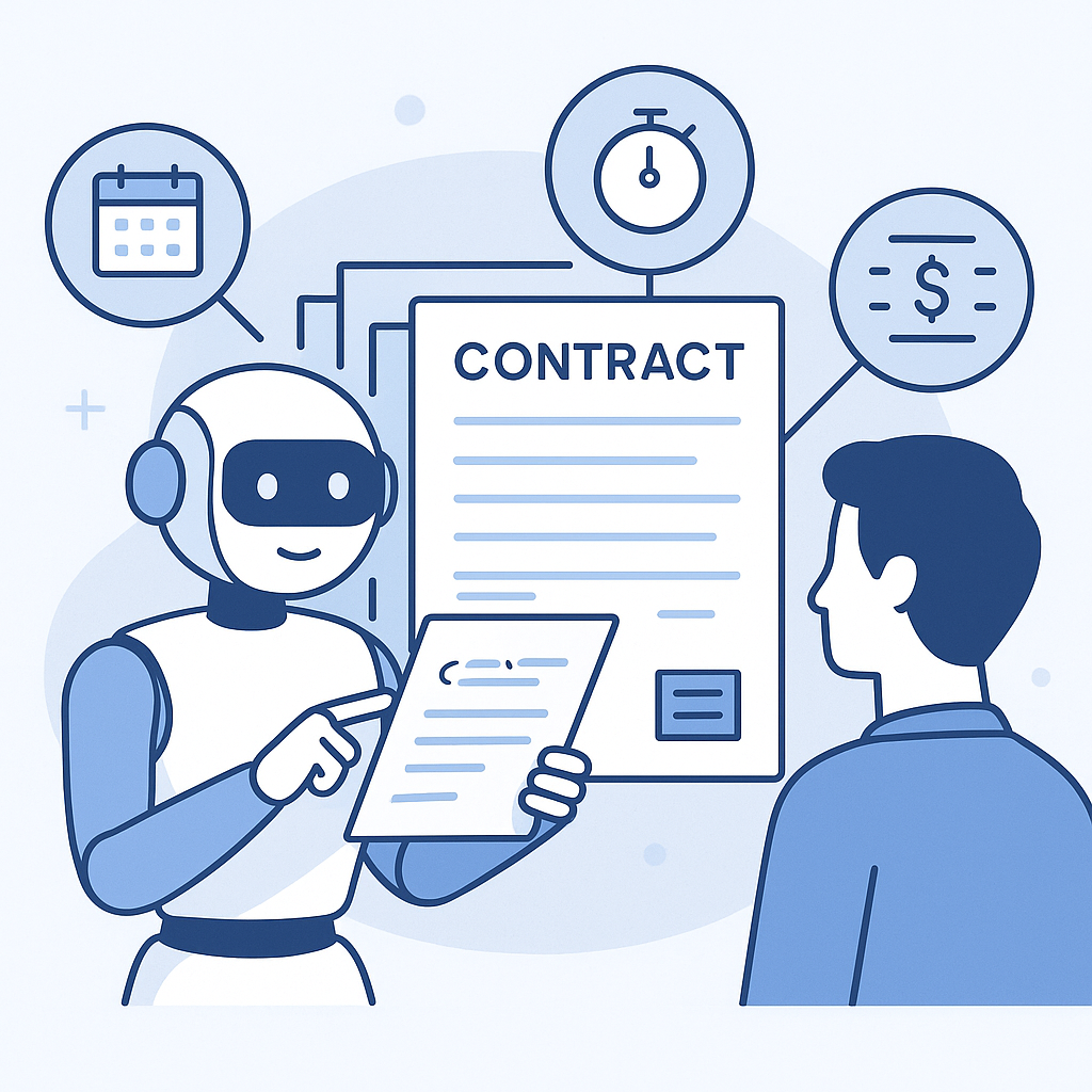 Minimalist illustration of AI assistant analyzing digital contracts, highlighting renewal dates, SLAs, and payment milestones