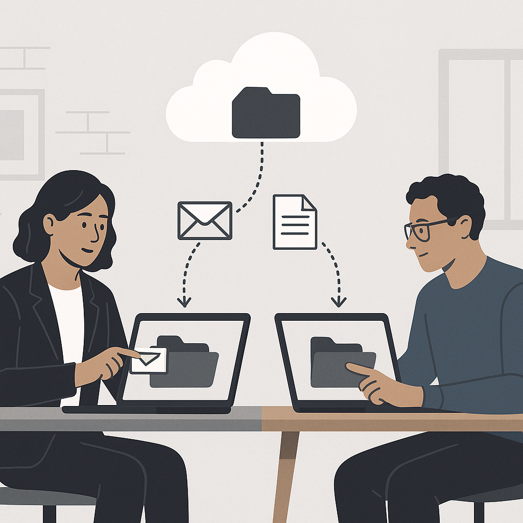 Two small-business workers, office and remote, drag emails and files into a shared cloud desktop folder for simple document c