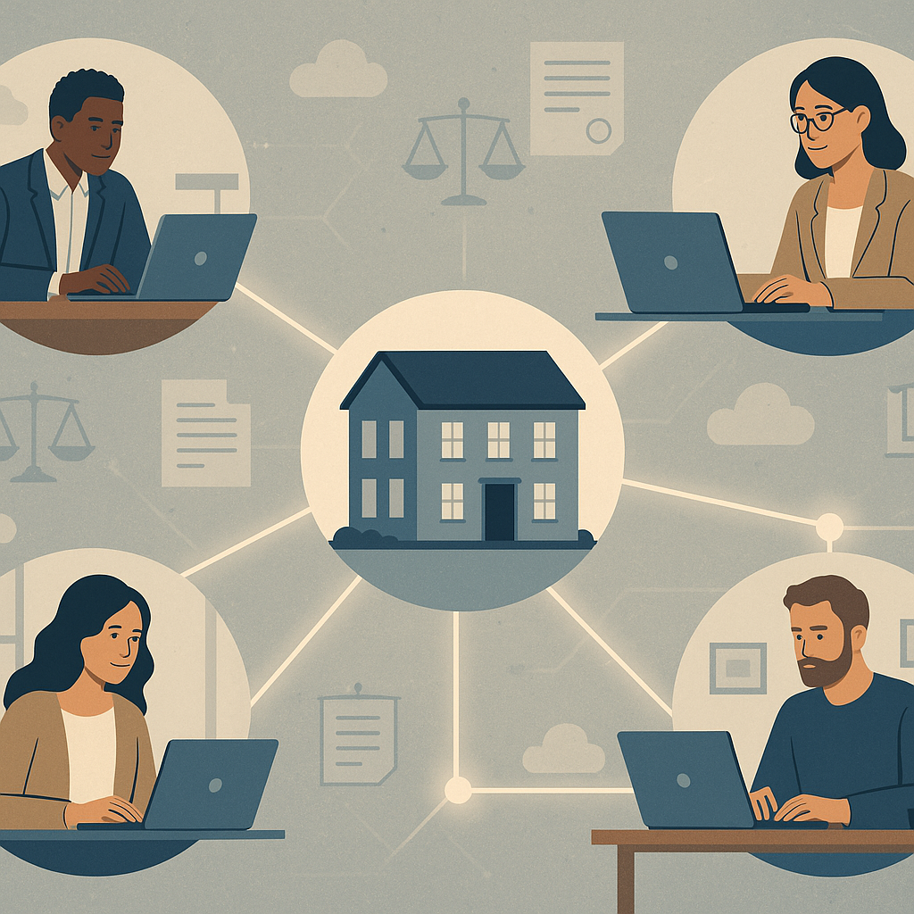 Collage of a small law firm linked by glowing digital lines to diverse remote contract attorneys, legal icons and cloud symbo