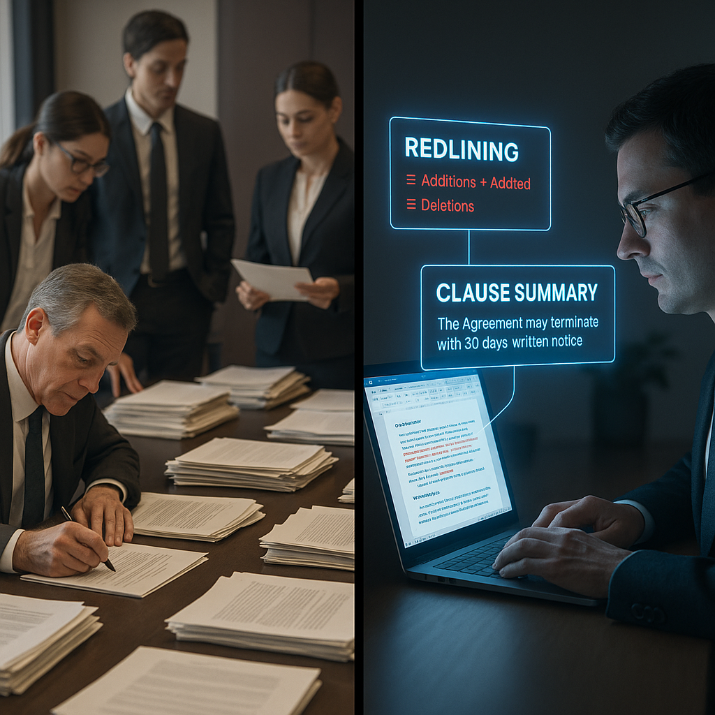 Split-screen of big corporate law team with paper contracts vs solo attorney in Word using AI redlining and clause summaries 
