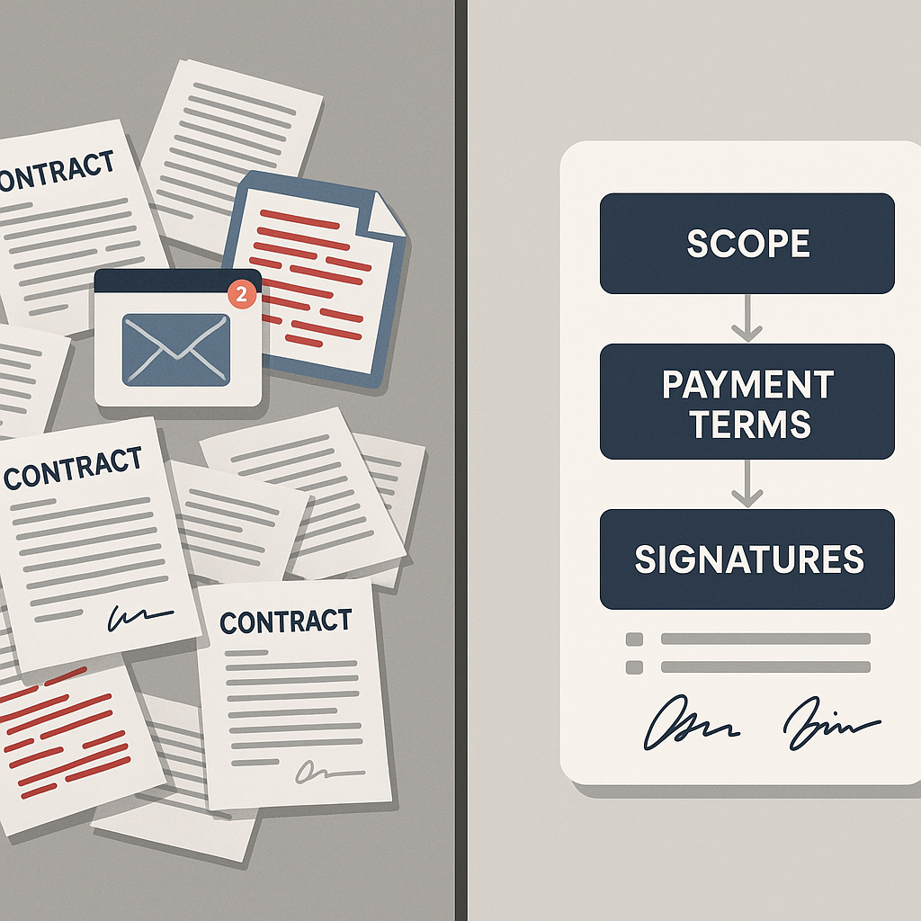 Isometric split-screen illustration comparing messy paper contracts and email chains on left to organized digital contract wo