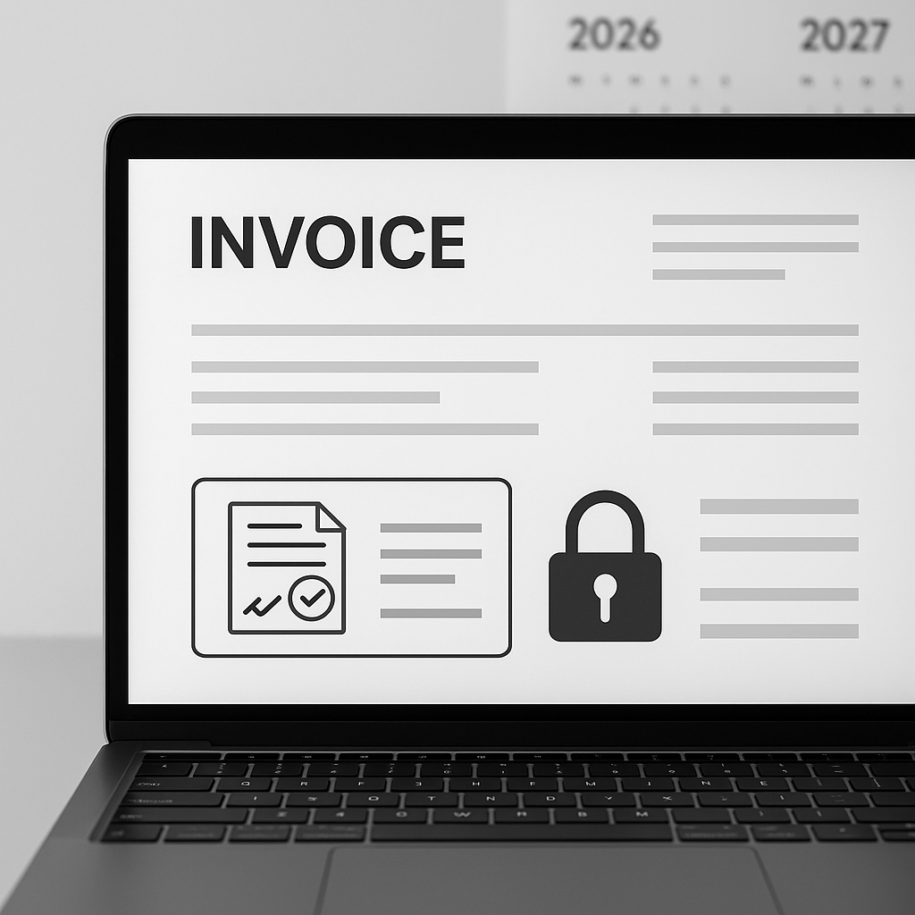 Close-up of digital invoice with qualified e-signature and padlock icons, calendar highlighting 2026–2027 deadline extension 