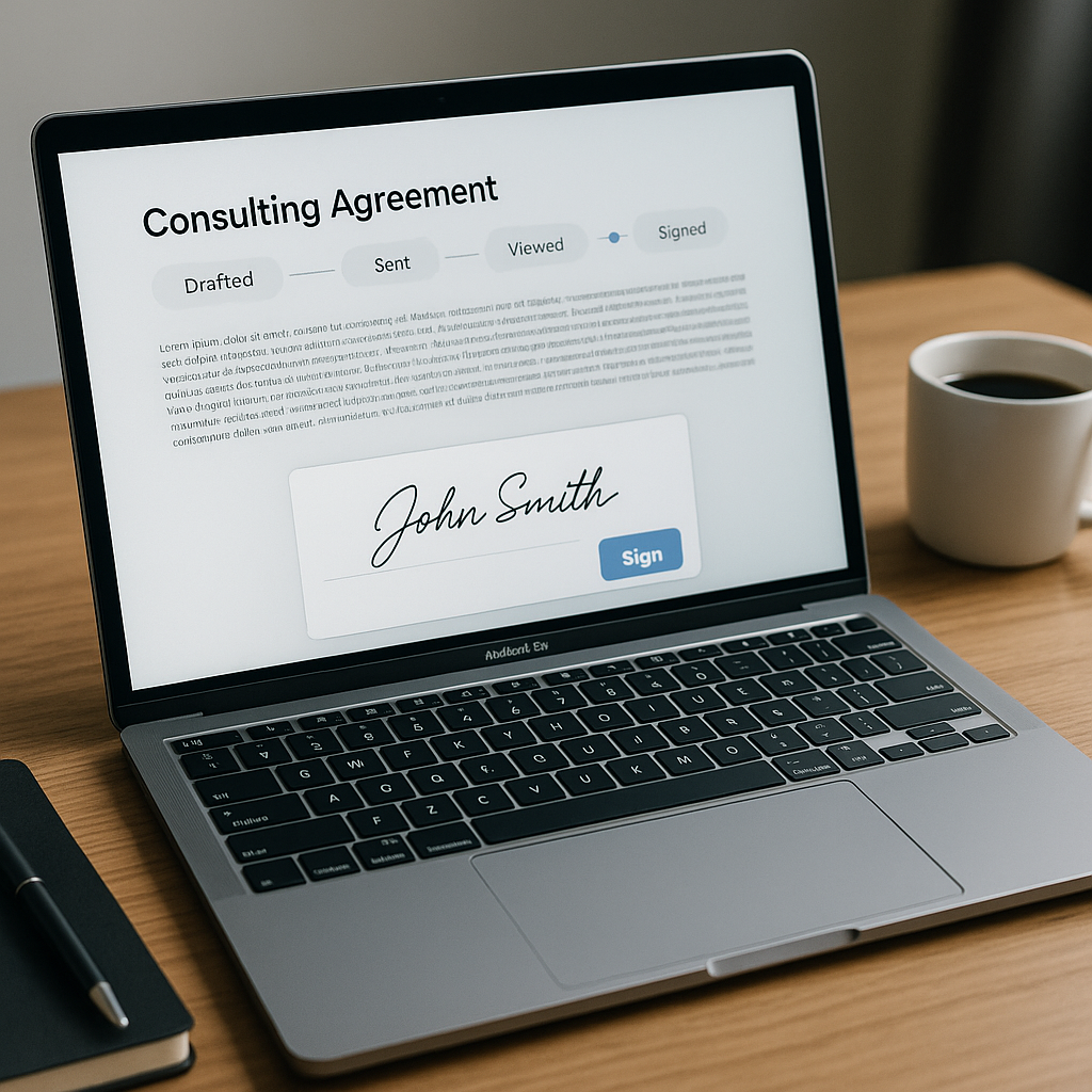 Laptop screen with consulting agreement on e-signature platform, progress steps “Drafted – Sent – Viewed – Signed,” on modern