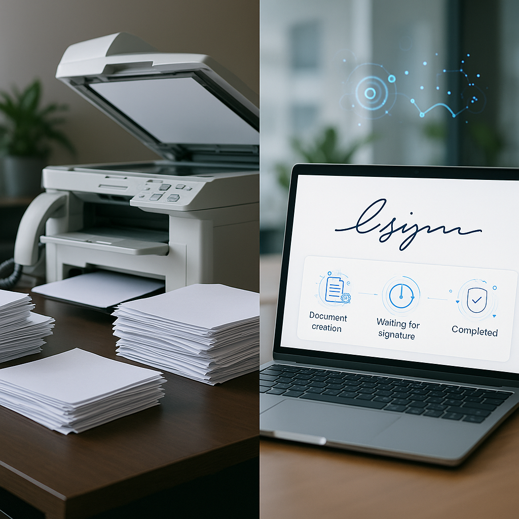Split-screen of cluttered paperwork, printer and fax vs modern e-signature dashboard with AI-driven automation in a professio