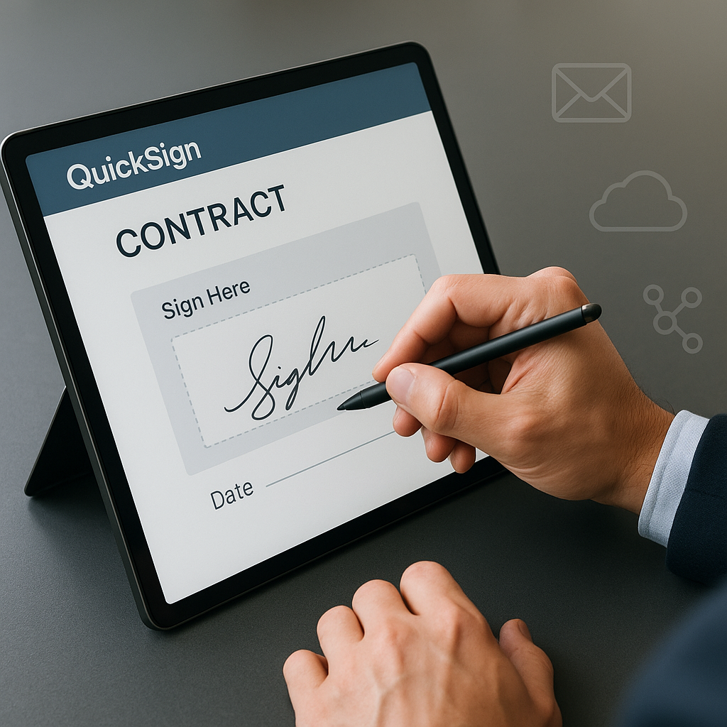 Close-up of professional using QuickSign e-signature platform on laptop, signing digital contract with visible Sign Here and 