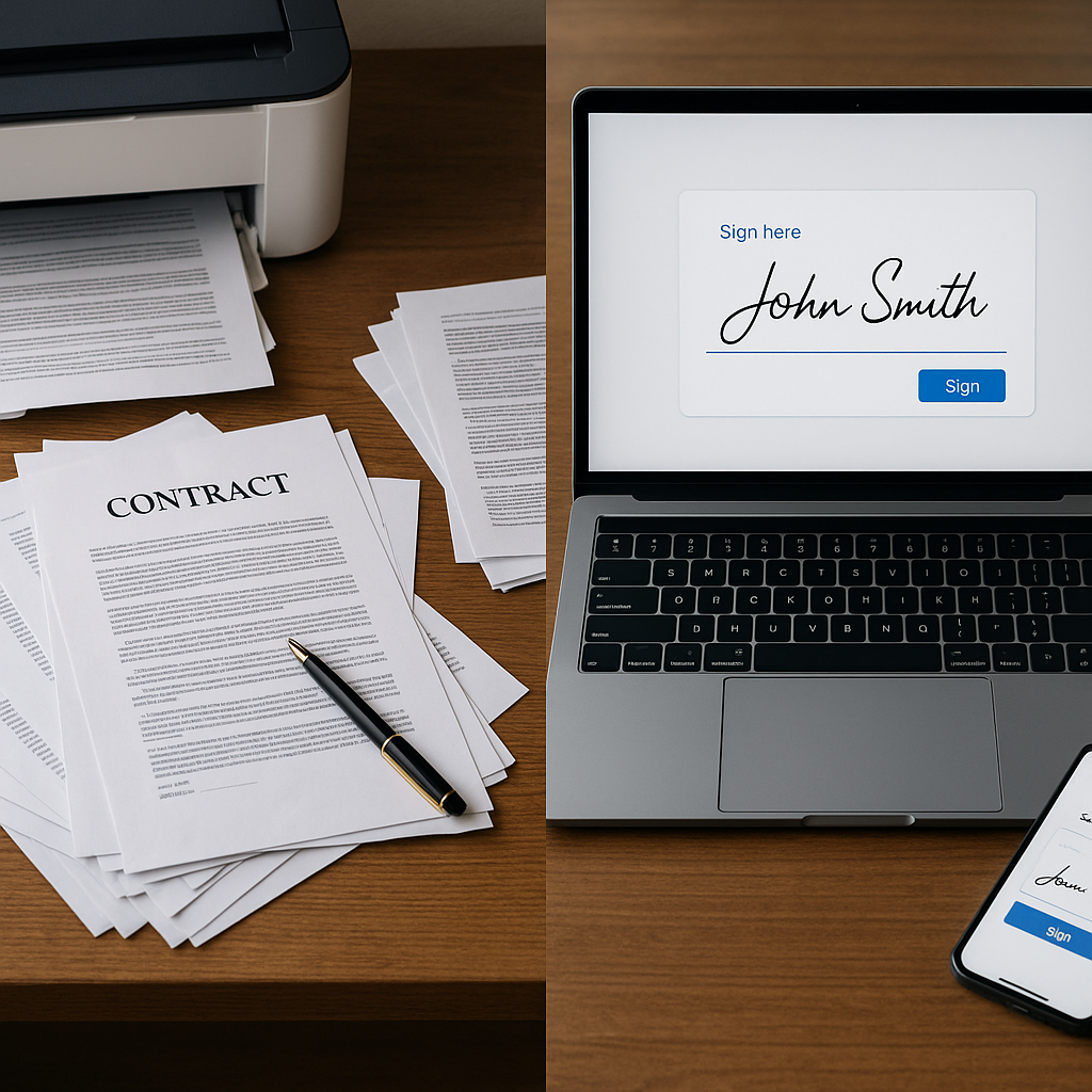 Split-screen image contrasting a cluttered paper contract desk with a clean laptop and phone displaying a digital e-signature