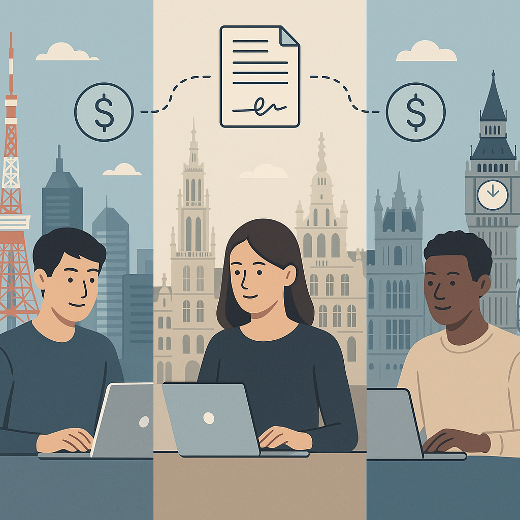 Illustration of global freelancers in Tokyo, Brussels, and London linked by digital contracts and payment icons, symbolizing 