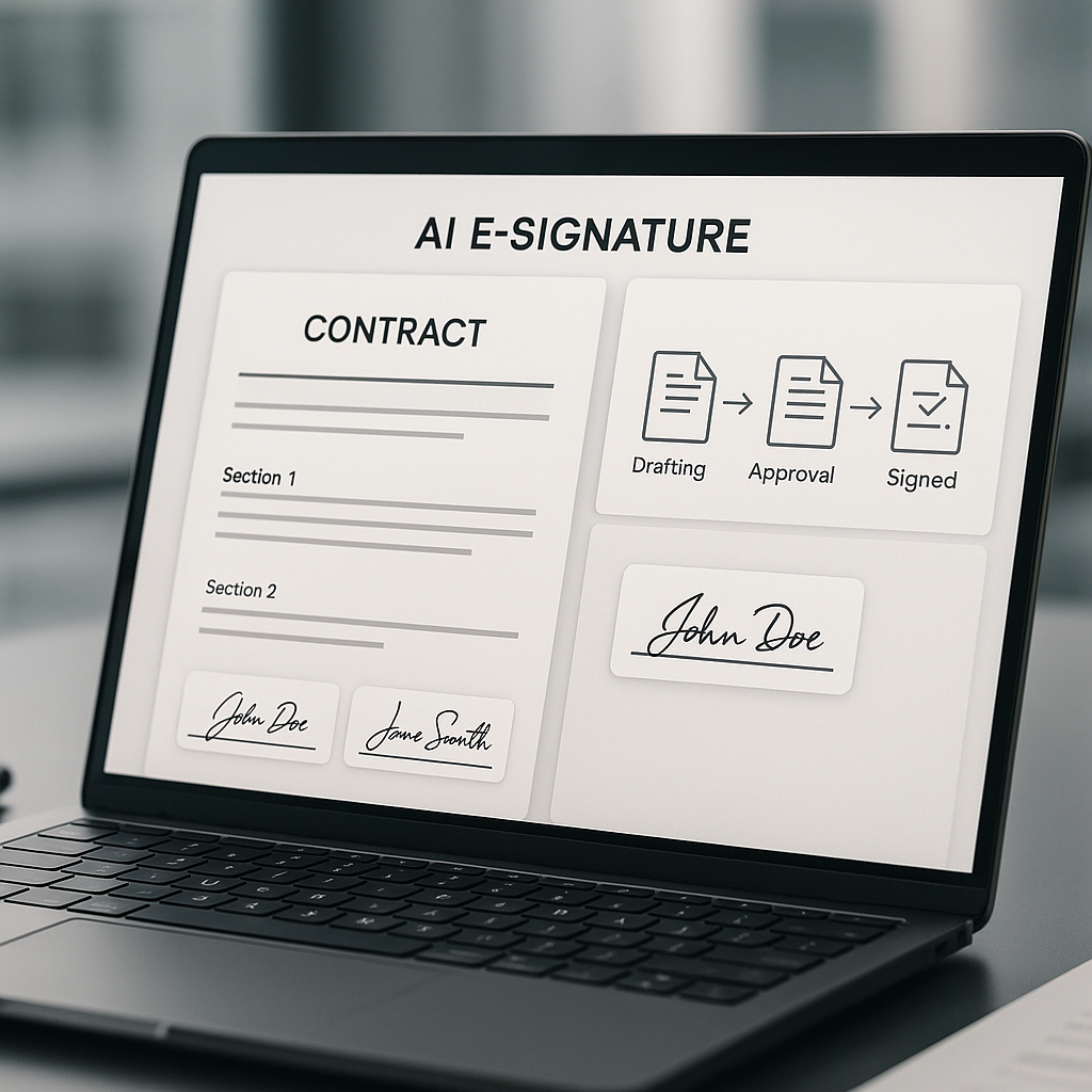 Close-up of laptop showing AI e-signature dashboard auto-filling a contract and visual workflow from drafting to approval to 