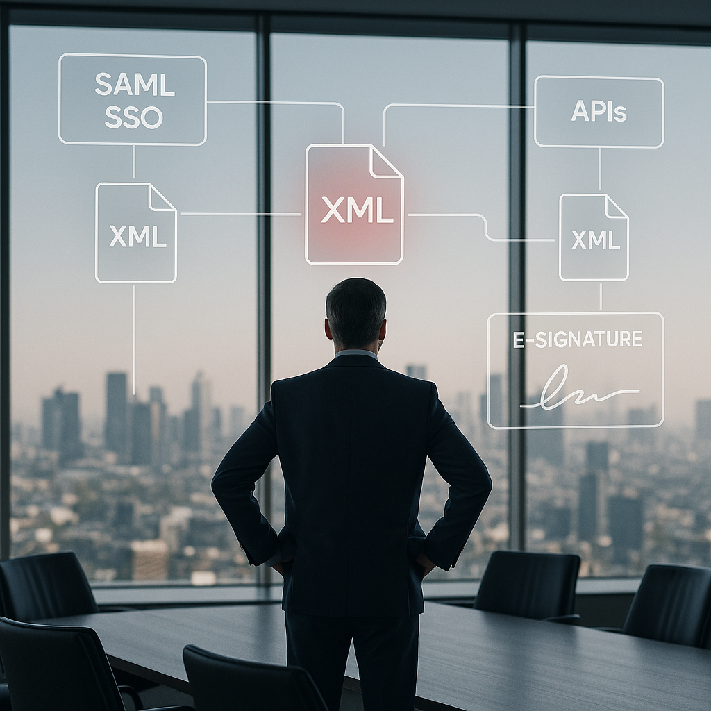 Executive in glass boardroom overlooking city with floating SAML SSO, API, e-signature XML workflow diagrams, one red node ex