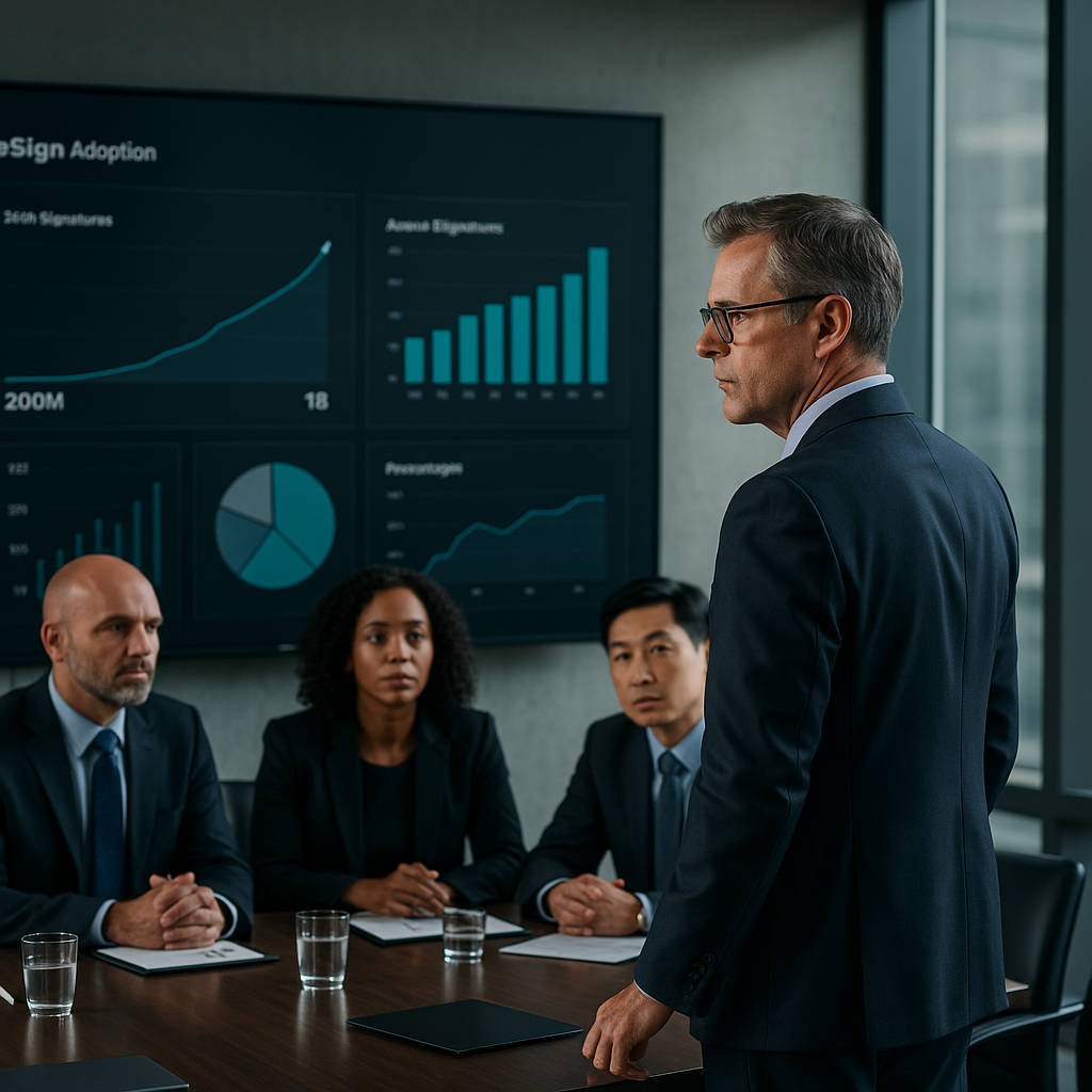 Executive reviews wall-mounted analytics dashboard showing eSign growth from 300M to 1B in boardroom with diverse leadership 