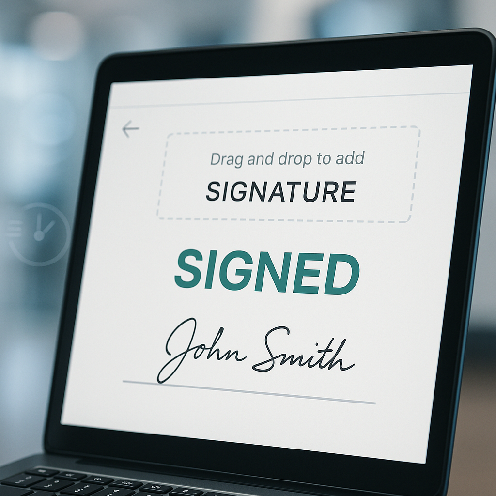 Close-up of tablet screen showing drag-and-drop e-signature workflow and large “Signed” confirmation, with blurred office bac
