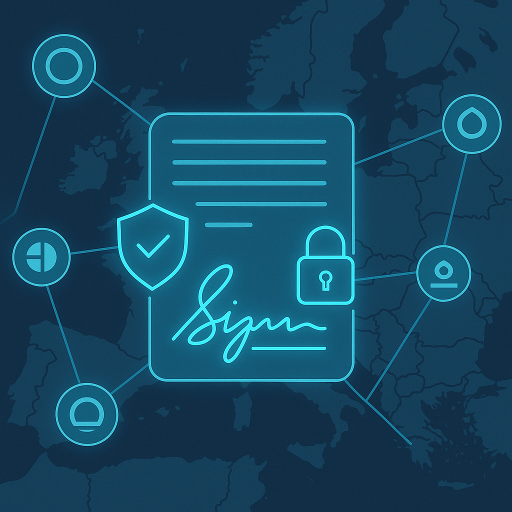 Stylized EU map with secure digital document, glowing e-signature, padlock and shield icons, and connected trust service prov
