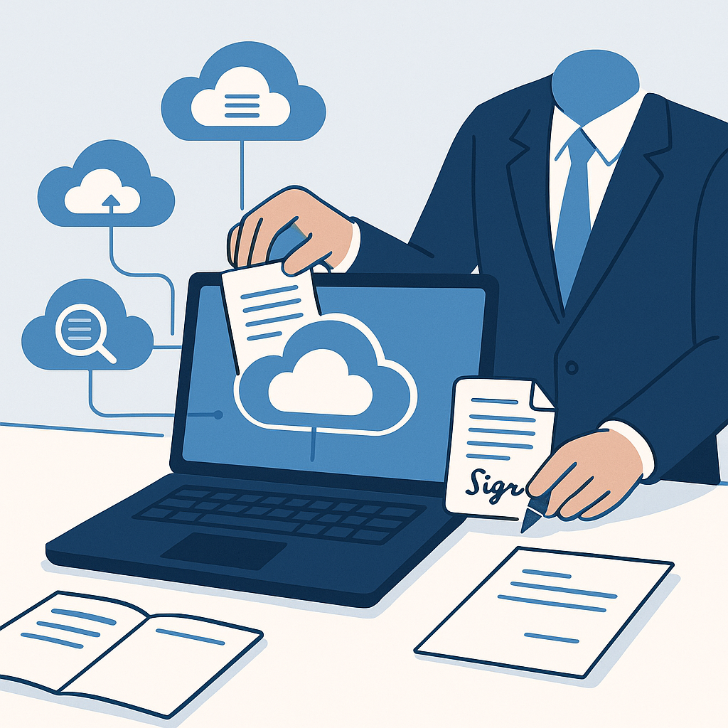 Close-up of professional using laptop to organize cloud documents, with connected search and e-sign icons in blue-and-white f