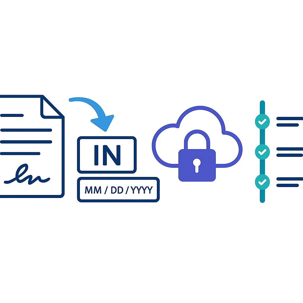 Minimalist vector showing e-signature workflow: document, drag-and-drop initials/date fields, secure cloud, audit trail timel