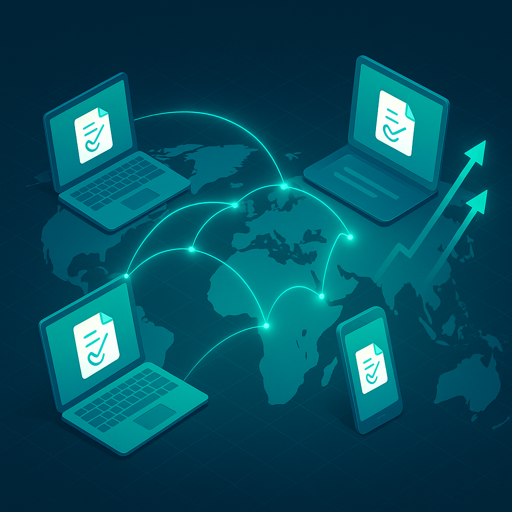 Isometric global digital network with e‑sign devices and 34% CAGR growth arrows, blue‑green fintech market forecast hero illu