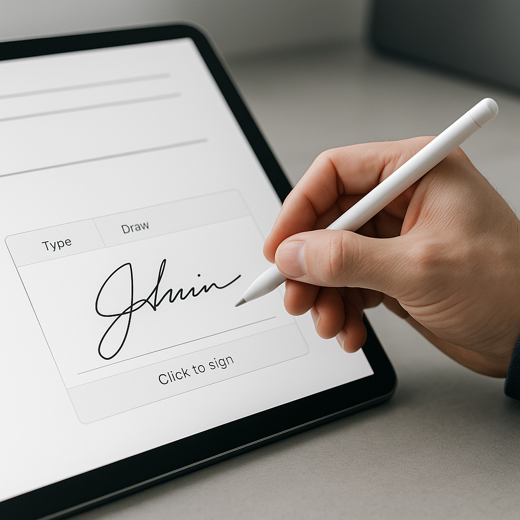 Hand using stylus to draw electronic signature on tablet in sleek workspace, with visible signature field and Type/Draw/Click