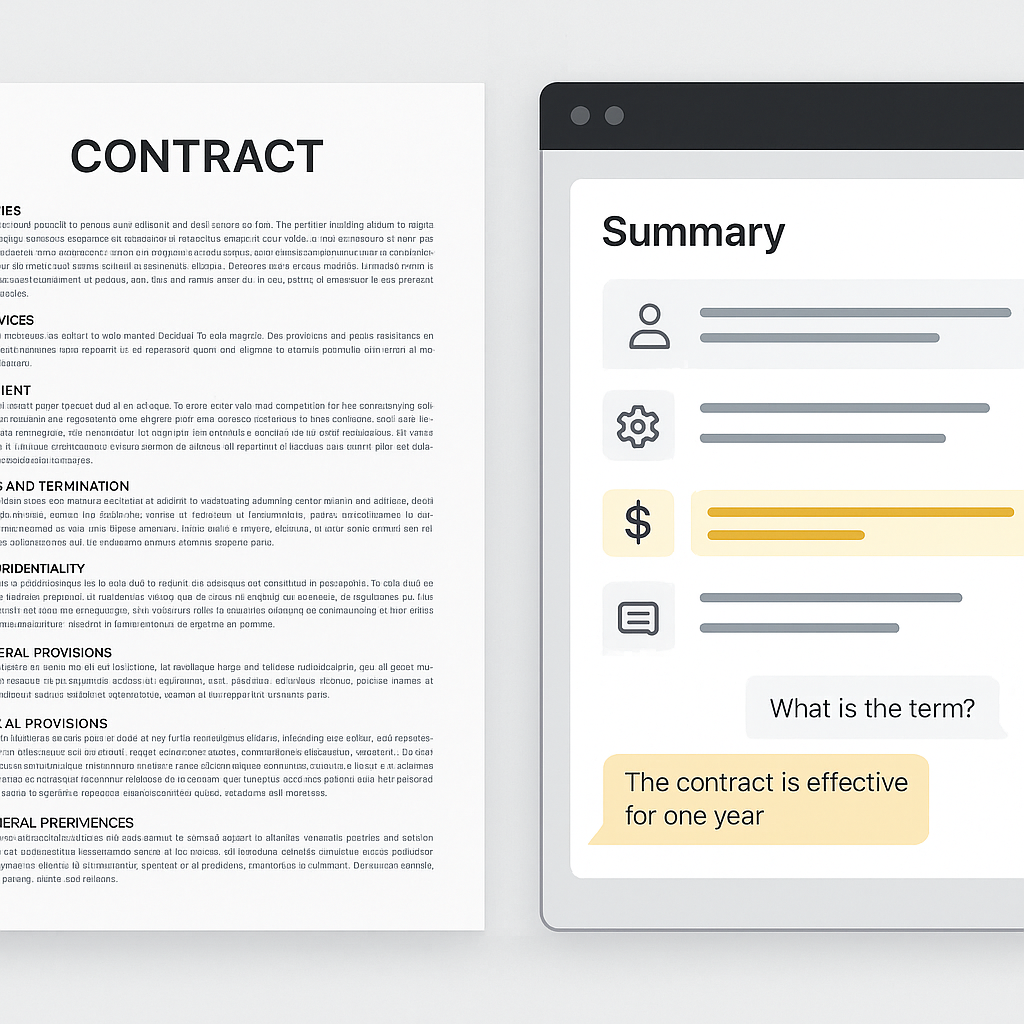 Side‑by‑side legal contract vs AI‑generated summary with icons, highlights, and Q&A chat in a professional SaaS dashboard int