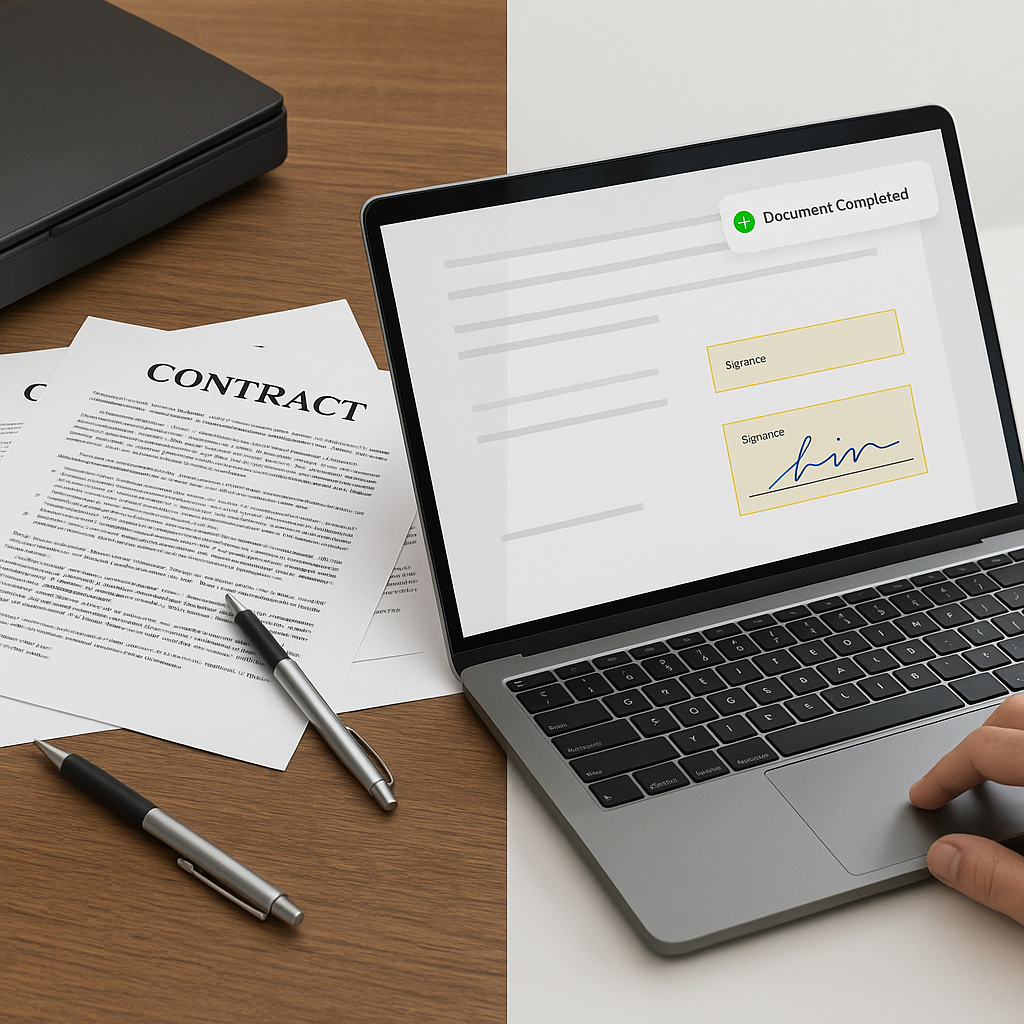 Split-screen of cluttered desk with paper contracts vs person e-signing highlighted fields on laptop, showing efficient autom