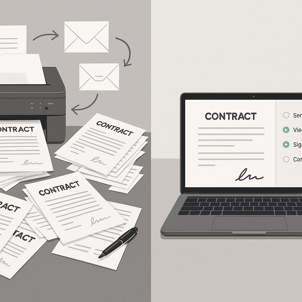 Side-by-side illustration comparing paper-based HR contract workflows with a digital e-signature platform showing real-time t