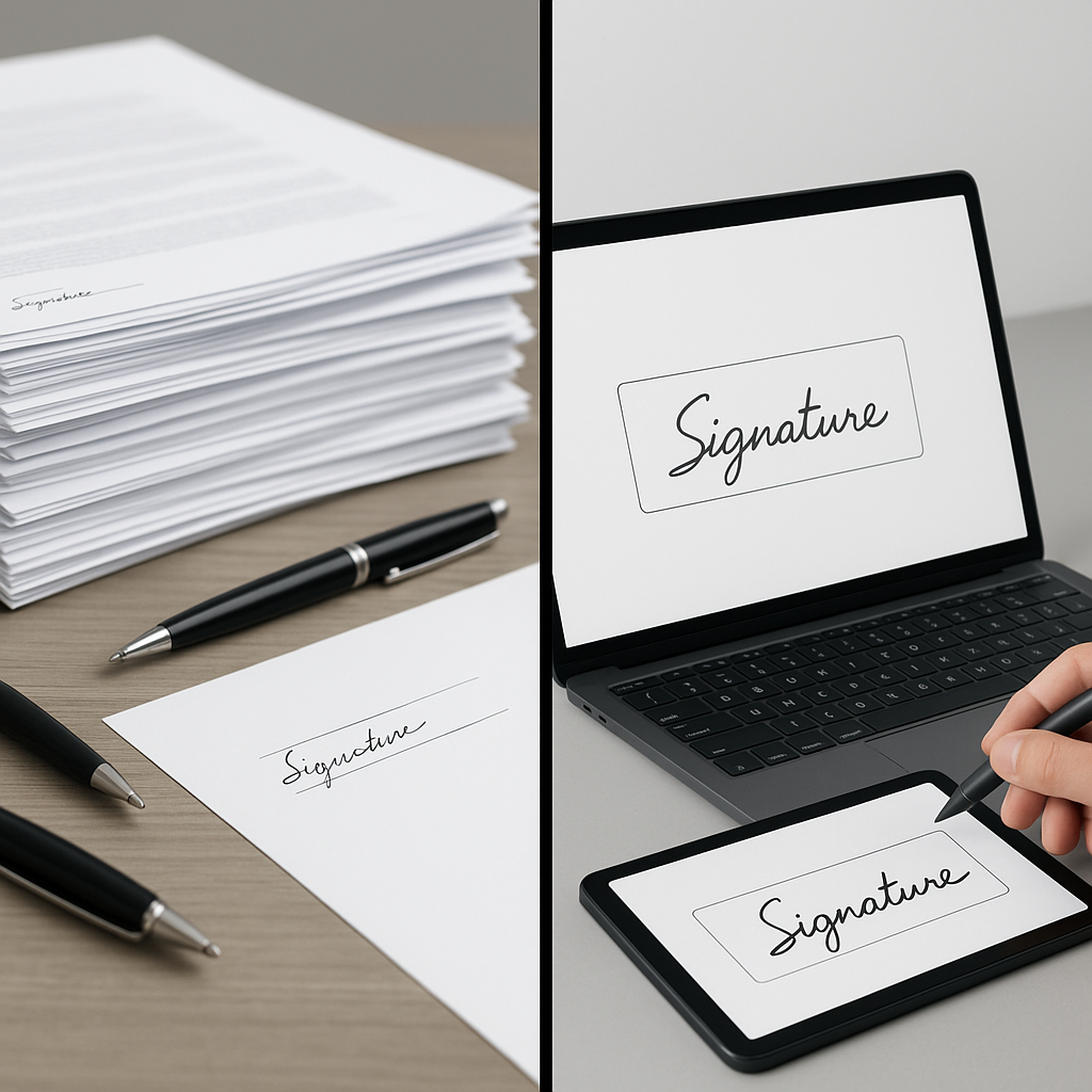 Split-screen of paper contracts and pens vs laptop and tablet e-signature interface, highlighting faster, efficient digital s