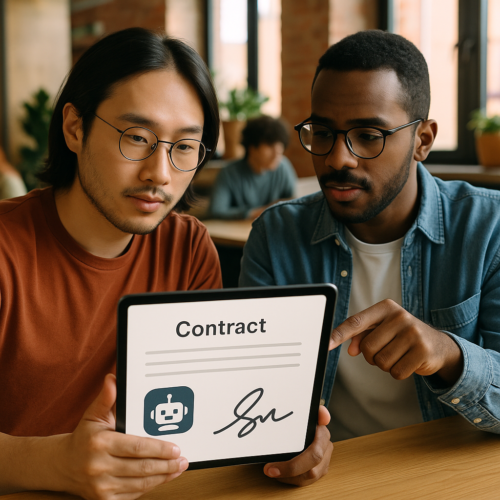 Two diverse startup founders in coworking space reviewing e‑signature contract on tablet with AI assistant icon, highlighting